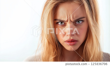 Portrait of angry blonde young woman with furrowed eyebrows showing negative emotion 125836706