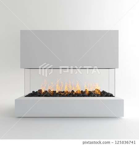 Modern white fireplace burning with yellow flames in a minimal interior design 125836741