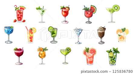 Colorful cocktails with fresh fruit and ice celebrating a summer party Colorful cocktails with fresh fruit and ice celebrating a summer party 125836780
