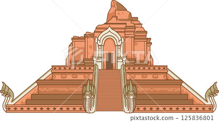 Illustration of Wat Chedi Luang, an ancient pagoda in Chiang Mai, Thailand. 125836801