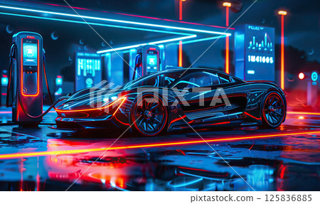 An electric car charging at a modern station with neon ambiance at twilight. Generate AI 125836885