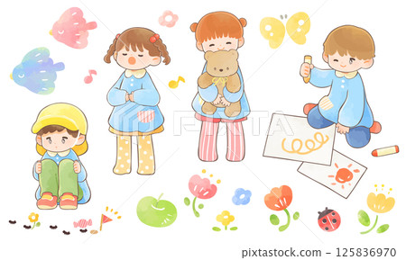 Set of cute watercolor illustrations of kindergarteners playing 125836970