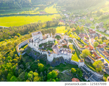 Aerial view showcasing the historic ruins of Rabi Castle in Czechia surrounded by lush greenery and quaint village structures in the light of day, revealing the castle's majestic architecture. Aerial view showcasing the historic ruins of Rabi Castle in Czechia surrounded by lush greenery and quaint village structures in the light of day, revealing the castle's majestic architecture. 125837099