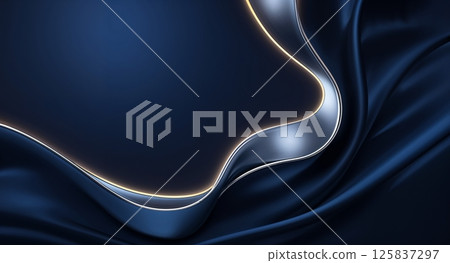 Dark blue silky fabric with a glossy, golden ribbon flowing diagonally, reflecting light with a bright highlight for a sleek, elegant aesthetic. Dark blue silky fabric with a glossy, golden ribbon flowing diagonally, reflecting light with a bright highlight for a sleek, elegant aesthetic. 125837297