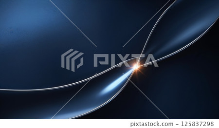 Dark blue silky fabric with a glossy, golden ribbon flowing diagonally, reflecting light with a bright highlight for a sleek, elegant aesthetic. 125837298