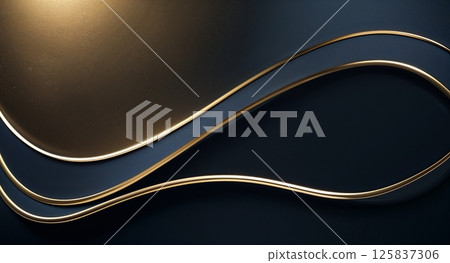 Dark blue silky fabric with a glossy, golden ribbon flowing diagonally, reflecting light with a bright highlight for a sleek, elegant aesthetic. 125837306