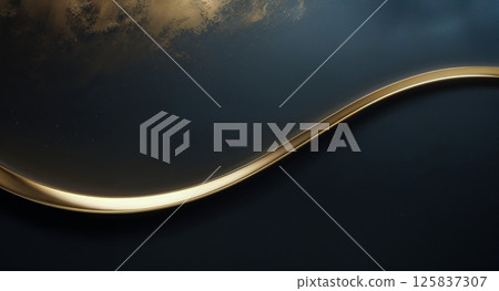 Dark blue silky fabric with a glossy, golden ribbon flowing diagonally, reflecting light with a bright highlight for a sleek, elegant aesthetic. 125837307