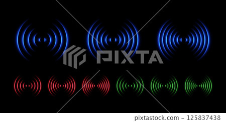 Sound wave neon light effect. Echo with concentric laser glow. Vector set of elements in blue, green and red. 125837438