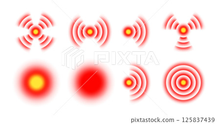 Red circle pain icon. Point for illustration of target of sore muscles, stomach or head. Set of vector elements for demonstration of joint inflammation. 125837439