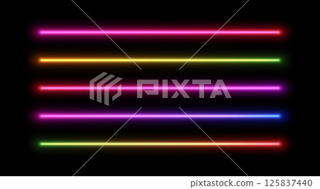 Neon line light. Glow of led tube. Colorful fluorescent strip. Vector set of laser dividers isolated on black background. 125837440