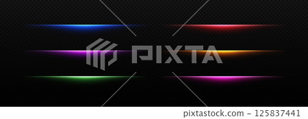 Neon light line with flare effect. Laser glow divider. Colorful led strips of blue, green and gold color. Vector set of futuristic sticks isolated on transparent background. 125837441