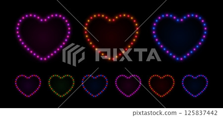 Light bulbs neon frame heart. Led glow border with lamps for casino and games. Vector set of retro love elements. 125837442