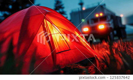 Glowing red camping tent illuminated from inside, parked truck in soft evening blur 125837642