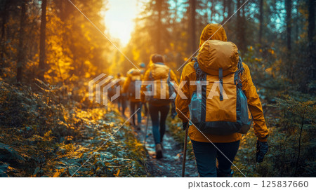 Eco-tourism group in yellow jackets hiking through wildflower-lined trail at sunrise, enjoying nature and sustainability 125837660