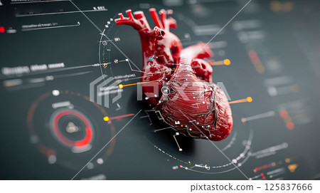 Futuristic 3D digital medical interface showing a detailed human heart model and data 125837666