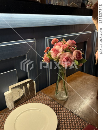 white plate in restaurant on table empty modern flower vase still life composition profession white plate in restaurant on table empty modern flower vase still life composition profession 125837848