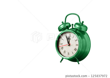 retro clock, watch, pointer clock, Green color alarm clock on isolated white background retro clock, watch, pointer clock, Green color alarm clock on isolated white background 125837972