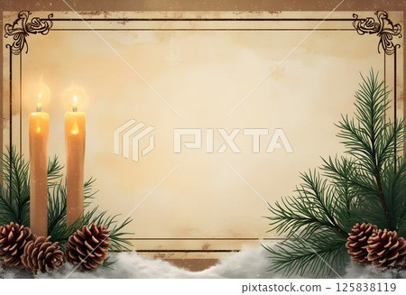 Festive Vintage Xmas Border with Candle and Fir Tree 125838119