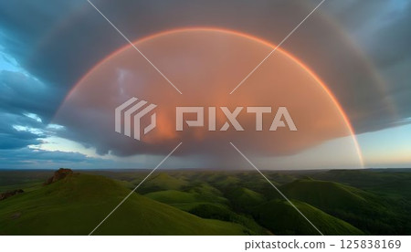 Double rainbow over stormy twilight hills 125838169