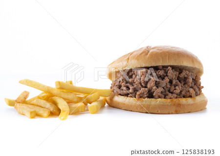 Traditional sloppy joe sandwich with french fries isolated on white background Traditional sloppy joe sandwich with french fries isolated on white background 125838193