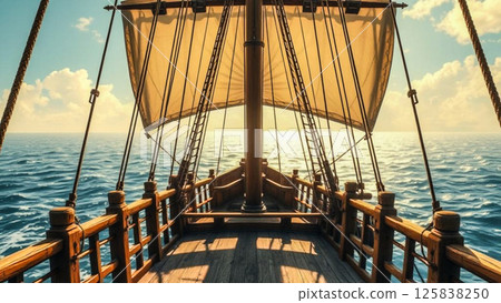 On the deck of a wooden ship. The stretched sail of a wooden vessel provides a shadow, thanks to which the horizon of the open sea is clearly visible on a sunny day. AI generated. 125838250