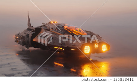 Beige Futuristic Spaceship Hovering at Dawn 125838411