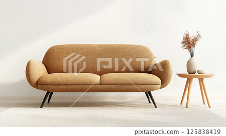 Beige Patterned Sofa in Minimalist Living Room with Wooden Side Table 125838419