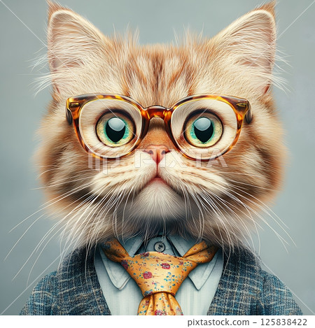 Close Up Portrait of Ginger Cat in Glasses and Necktie 125838422