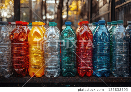 Various plastic bottles and containers prepared for recycling 125838593