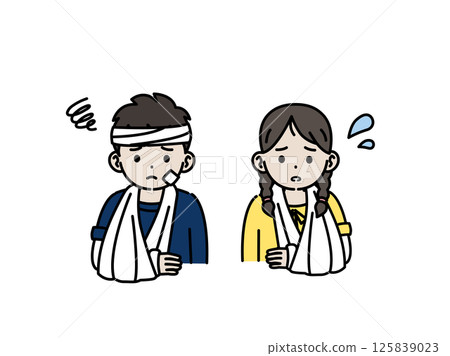 Illustration of a child with a broken arm and a cast 125839023