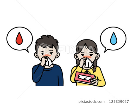 Illustration of a child with a nosebleed or runny nose 125839027