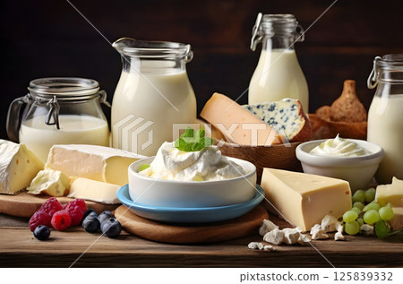 Fresh dairy products, milk, cottage cheese, eggs, yogurt, sour cream and butter on kitchen table 125839332