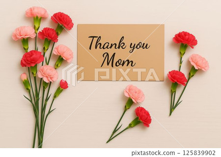 Carnations and a "Thank you Mom" message card Carnations and a "Thank you Mom" message card 125839902
