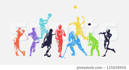 Sports, group of athletes of various sports disciplines. Isolated vector silhouettes. Run, soccer, hockey, volleyball, basketball, rugby, baseball, american football, golf Sports, group of athletes of various sports disciplines. Isolated vector silhouettes. Run, soccer, hockey, volleyball, basketball, rugby, baseball, american football, golf 125839958