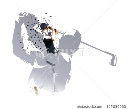 Golf sport, group of golf players, double exposure of isolated vector illustrations, golf swing 125839960
