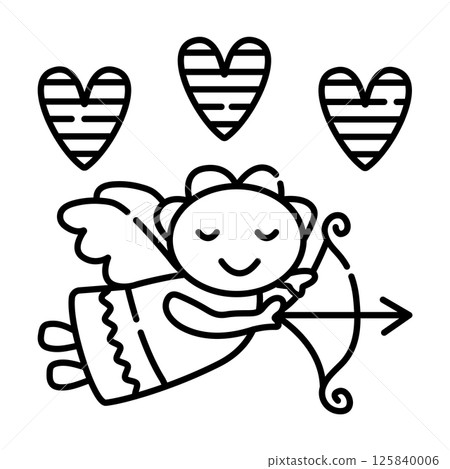 Black line flying cupid with bow and arrow in his hands. And also there are confetti hearts with rainbow above the angel 125840006