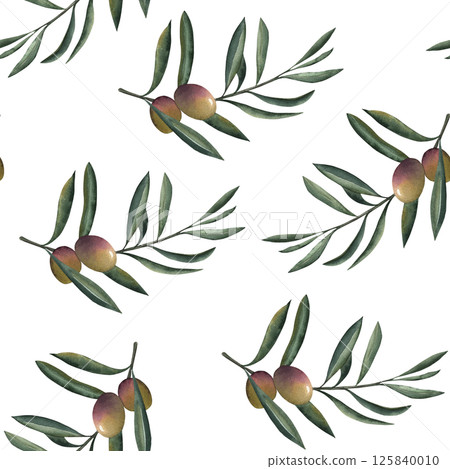Seamless watercolor pattern with olive branches, green and purple olives and leaves. The illustration is hand-drawn in a botanical Mediterranean style for packaging design, fabrics, kitchen decoration Seamless watercolor pattern with olive branches, green and purple olives and leaves. The illustration is hand-drawn in a botanical Mediterranean style for packaging design, fabrics, kitchen decoration 125840010