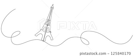 Eiffel tower of Paris in one continuous line. French urban architecture in simple linear style. Continuous editable outline. Vector illustration 125840170