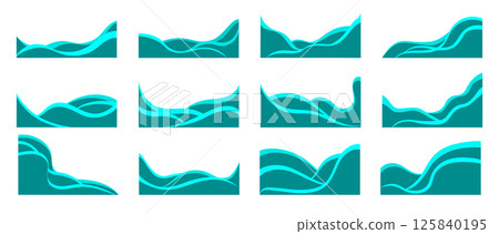 Set of blue wavy borders and corner frames . Footer separator. Decorative elements corners, borders and frames. Vector abstract business banner, web template. 125840195