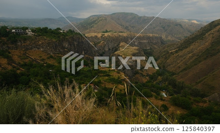 Sunset Mountain Landscape Near Garni Temple in Armenia 125840397