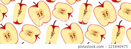 Seamless pattern with red apple. Sliced in half showing pit and quarter of an apple. Summer and autumn garden background. Perfect for textile, menu, packaging, kitchen design. Flat vector illustration 125840475