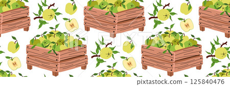 Wooden box full of green apples seamless pattern. Green leaves, fresh harvest, farm, organic food themes. Flat vector illustration for packaging, branding, or seasonal market. 125840476