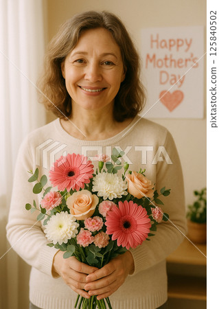 Smiling Woman Holding Flowers with Mother's Day Message in the Background 125840502