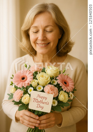 Smiling Woman Holding a Lovely Mothers Day Bouquet of Flowers Smiling Woman Holding a Lovely Mothers Day Bouquet of Flowers 125840503