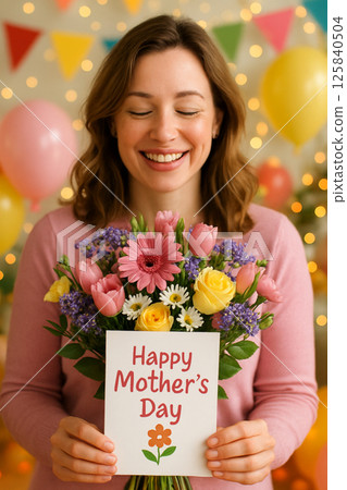 Mother Holding a Happy Mother's Day Card With a Colorful Flower Bouquet 125840504