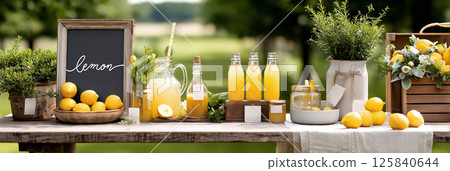 Fresh and vibrant lemon display at a rustic outdoor table showcasing refreshing drinks and natural decorations. Fresh and vibrant lemon display at a rustic outdoor table showcasing refreshing drinks and natural decorations. 125840644