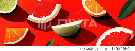 Bright citrus slices arranged artistically on a vibrant red background showcasing refreshing fruit colors and textures. 125840645