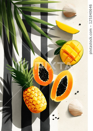Tropical fruits arrangement with pineapple, papaya, and mango on striped background. 125840646