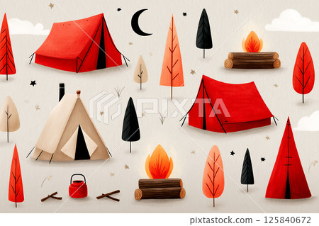 Camping landscape with tents, trees, and a campfire at night in a colorful illustration style. 125840672
