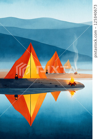 Camping under the stars by the lake with colorful tents and a warm campfire in a tranquil setting. 125840673